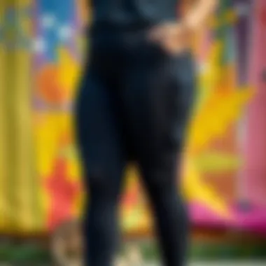 Plus size leggings with stylish pockets shown on a vibrant backdrop