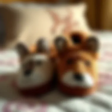 Unique Animal Designs in Bedroom Slippers Close-up of unique animal designs on slippers