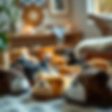 A stylish display of various animal slippers in a home setting