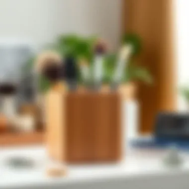 Stylish wooden brush holder with a minimalist design.