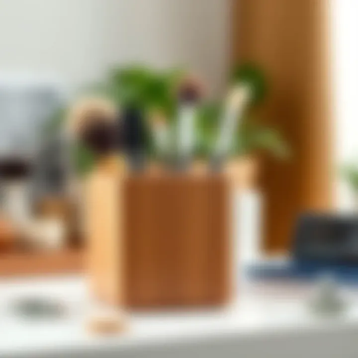Stylish wooden brush holder with a minimalist design.