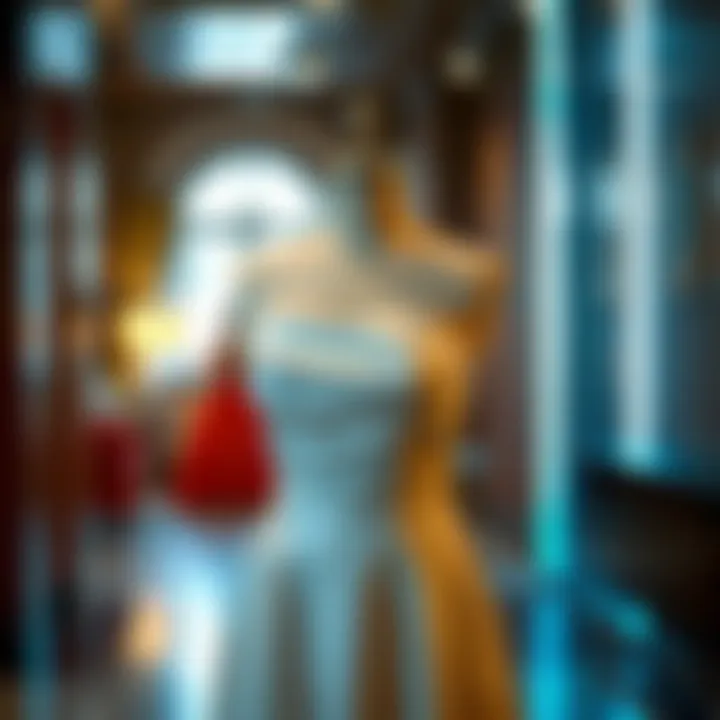 A fashionable bandeau prom dress on a mannequin in a stylish setting