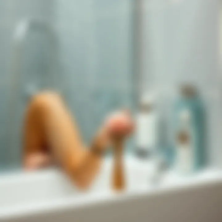 A Relaxing Shower Environment with Body Brush A serene bathroom setting featuring an exfoliating body brush and skincare products