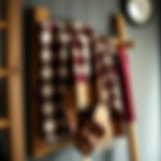 Buffalo plaid towel draped elegantly over a rustic wooden rack