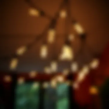 Creative arrangement of string lights hanging from multiple ceiling hooks