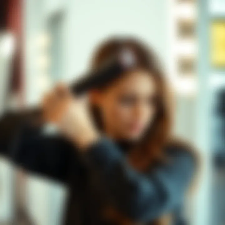 User demonstrating the technique of using a heated comb straightener