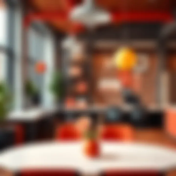 Coral color scheme in a collaborative office environment