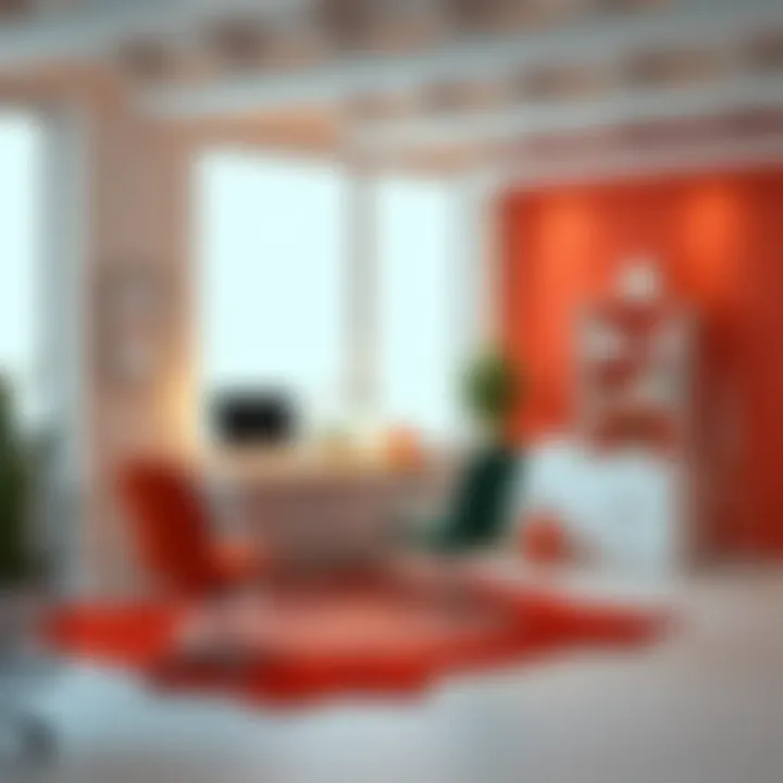 Coral-themed office workspace with modern furniture