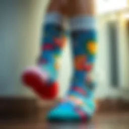 Colorful socks adorned with vibrant photo prints showcasing various artistic designs.