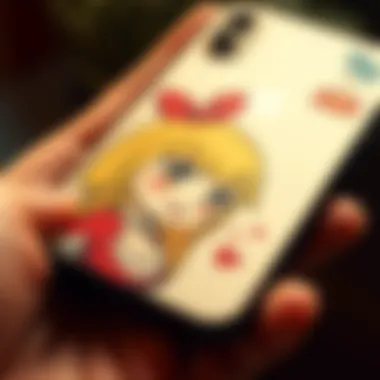 Close-up of a cartoon phone case with a vibrant character illustration.
