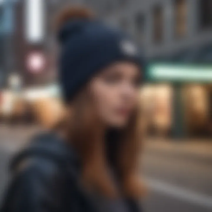 An urban scene featuring the Do Not Disturb beanie as part of a casual outfit