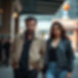 A pair of stylish couple jackets showcased in an urban setting.