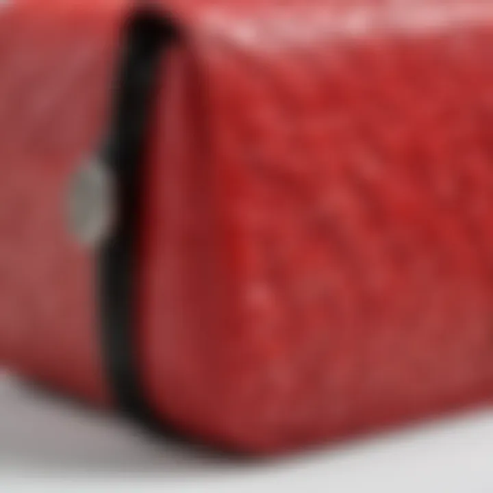 Close-up of a textured red purse made of synthetic material