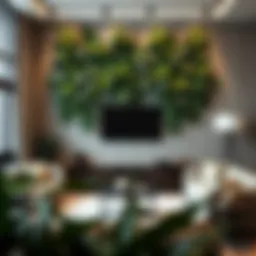 Luxurious artificial leaf wall decor in a modern living room