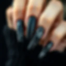 Glamorous black long press on nails adorned with intricate designs