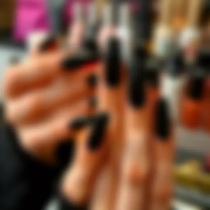 Stylish display of black long press on nails in a fashion-forward setting