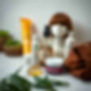 A flat lay of hair care products for maintaining bob wig bangs