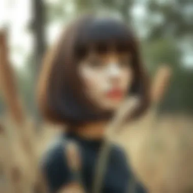 A model showcasing a chic bob wig with bangs in an outdoor setting