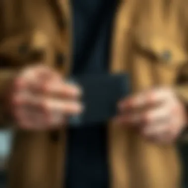 Functionality of the Carbon Fiber Bifold Wallet Person demonstrating wallet functionality