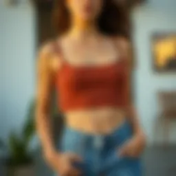 A stylish crop top paired with high-waisted jeans