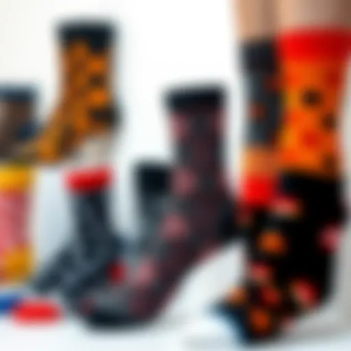 A collage showcasing various stylish socks designs, highlighting patterns and colors.