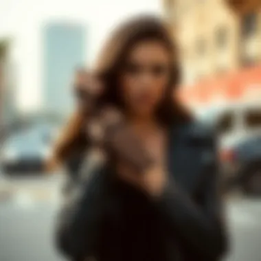 Fashionable outfit accessorized with fishnet fingerless gloves