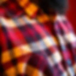 A close-up of a graphic flannel shirt showcasing intricate patterns and textures