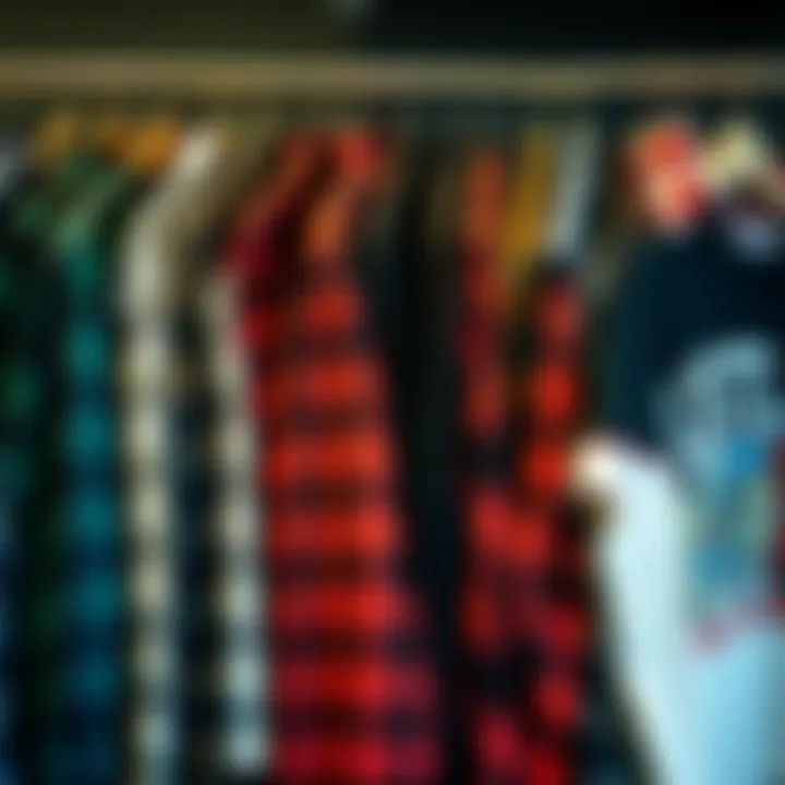 A collection of various graphic flannel shirts displayed on a rack