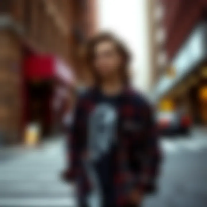 A stylish individual wearing a graphic flannel shirt in an urban setting