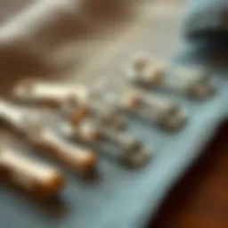 A close-up view of various hemming clips arranged on a fabric swatch.