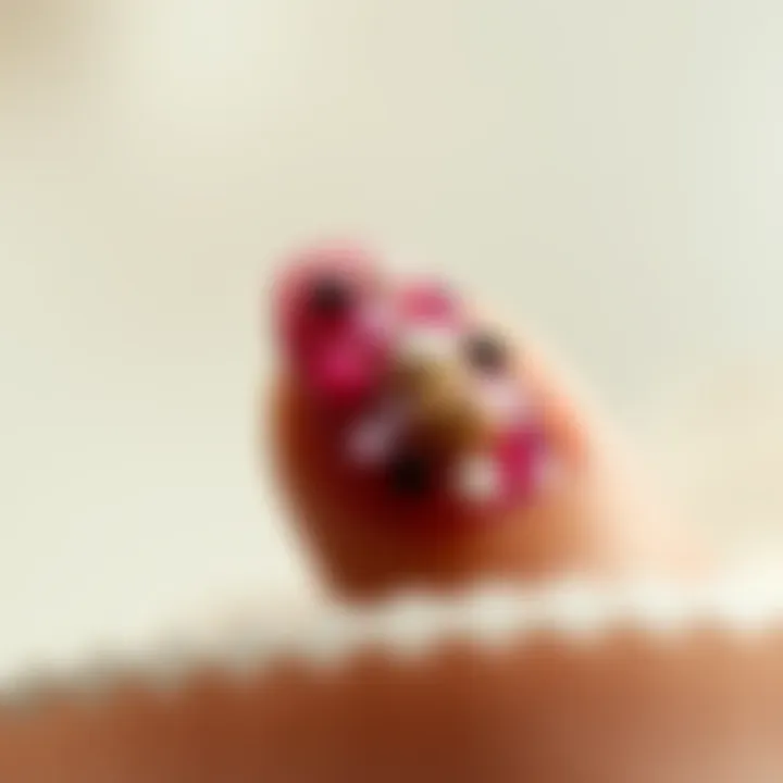A close-up view of a beautifully decorated nail adorned with stickers.
