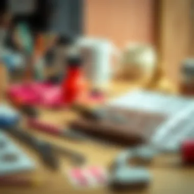 A creative workspace featuring tools for applying nail art stickers.