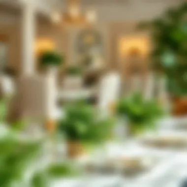 Elegant Dining with Imitation Boston Fern Centerpieces A beautifully arranged dining table featuring imitation Boston ferns as centerpieces, adding elegance to the ambiance.