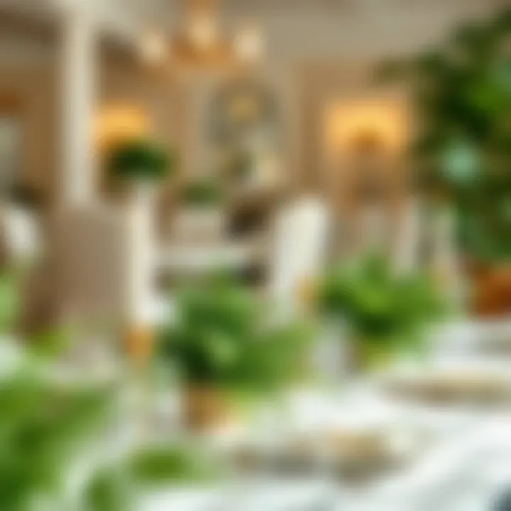 Elegant Dining with Imitation Boston Fern Centerpieces A beautifully arranged dining table featuring imitation Boston ferns as centerpieces, adding elegance to the ambiance.