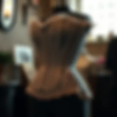 A vintage lace underbust corset displayed on a mannequin, reflecting historical fashion