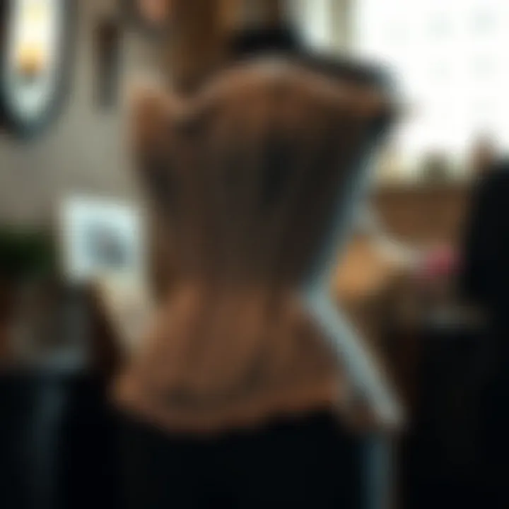 A vintage lace underbust corset displayed on a mannequin, reflecting historical fashion