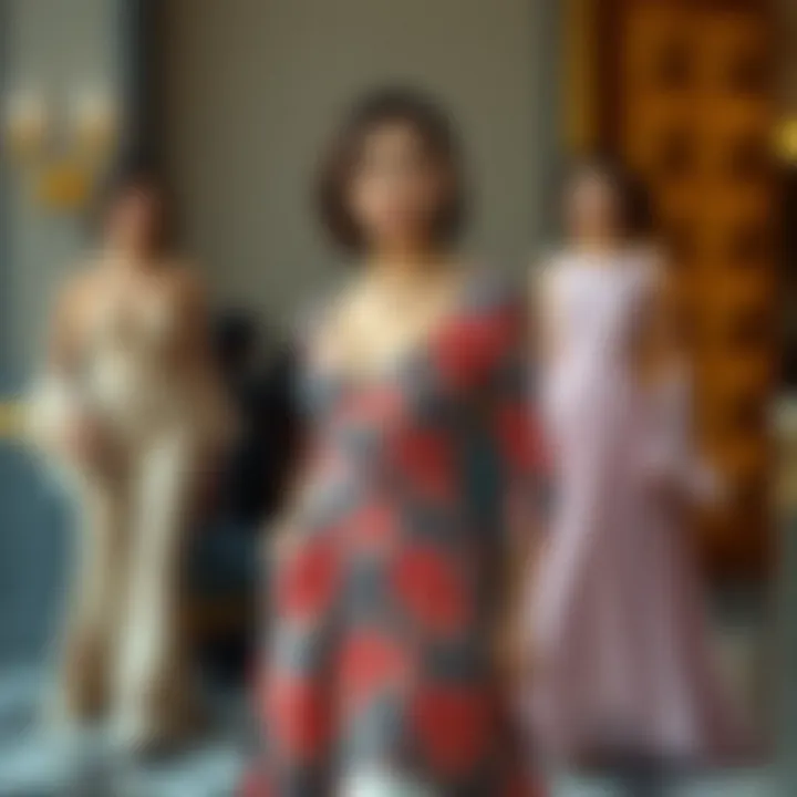 A variety of elegant dress styles showcasing diverse fabrics and designs