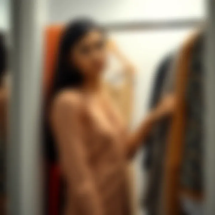 A fashionista selecting outfits from a stylish wardrobe