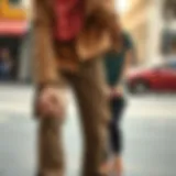 Stylish ensemble featuring loose khaki cargo pants and complementary accessories