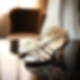 Elegant low heel ballroom dance shoes displayed on a reflective surface