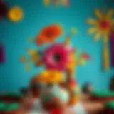 Vibrant Mexican centerpiece featuring colorful papel picado and traditional pottery