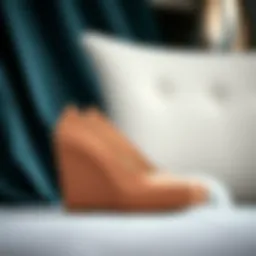 Elegant mid heel wedge shoes on a stylish backdrop