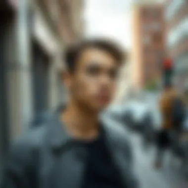 A stylish individual wearing oversized rimless glasses in a trendy urban environment