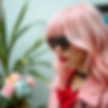 Fashionable outfit complemented by pastel pink hair