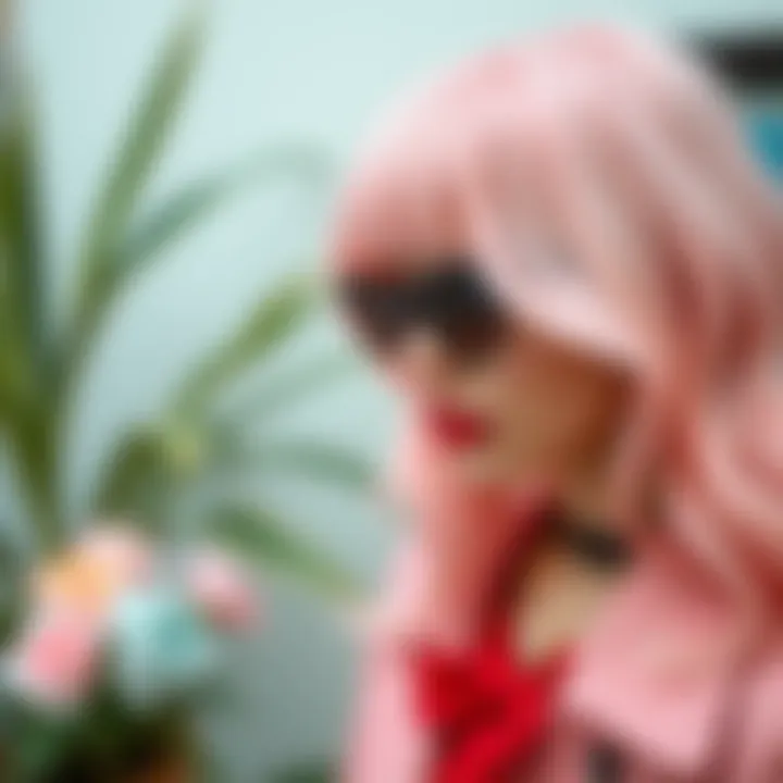 Fashionable outfit complemented by pastel pink hair