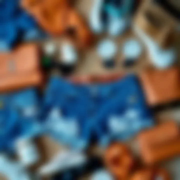 Accessorizing Plus Size Frayed Denim Shorts A flat lay arrangement of various plus size frayed denim shorts paired with accessories