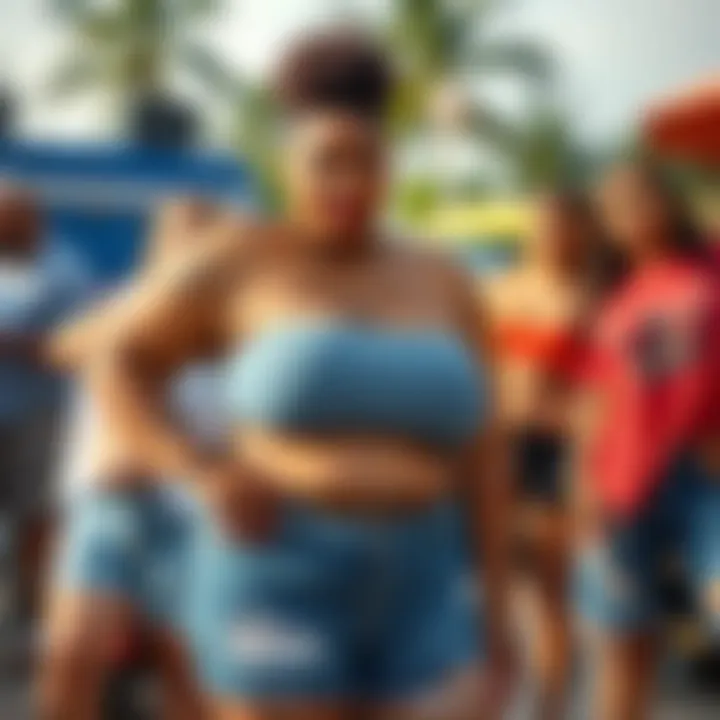 Confidence in Plus Size Frayed Denim A vibrant outdoor setting where individuals confidently showcase their plus size frayed denim shorts