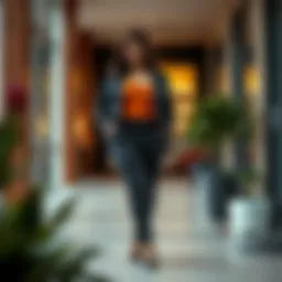 Stylish plus size skinny leg dress pants in a modern setting