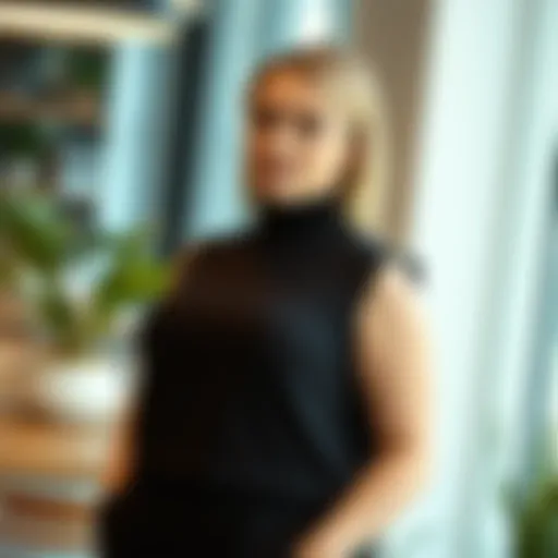 Stylish plus size sleeveless turtleneck in a modern setting
