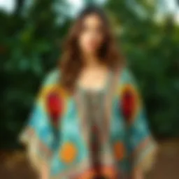 A vibrant poncho style blouse showcasing intricate patterns